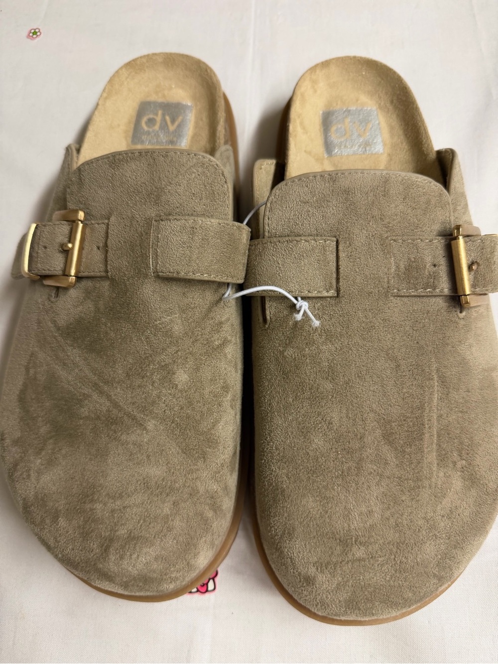 DV by Dolce Vita Taupe Suede Slip-On Mules with Gold Buckle